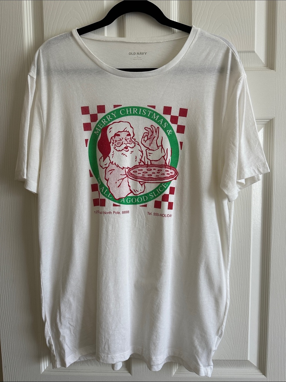 Old Navy White Short Sleeve Tee with Red & Green Santa Pizza Graphic